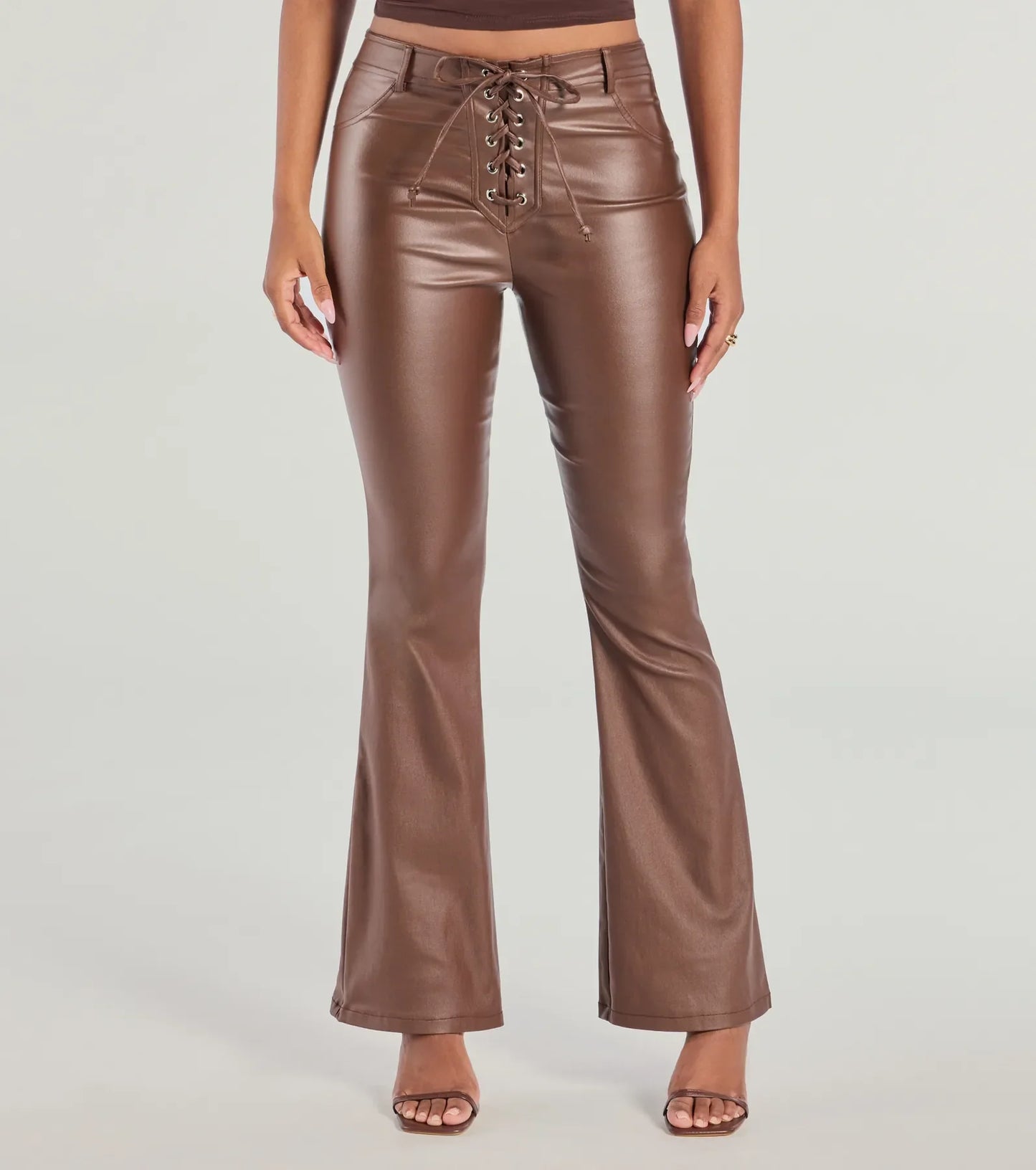 Ready For Sleek Lace-Up Flare Faux Leather Pants
