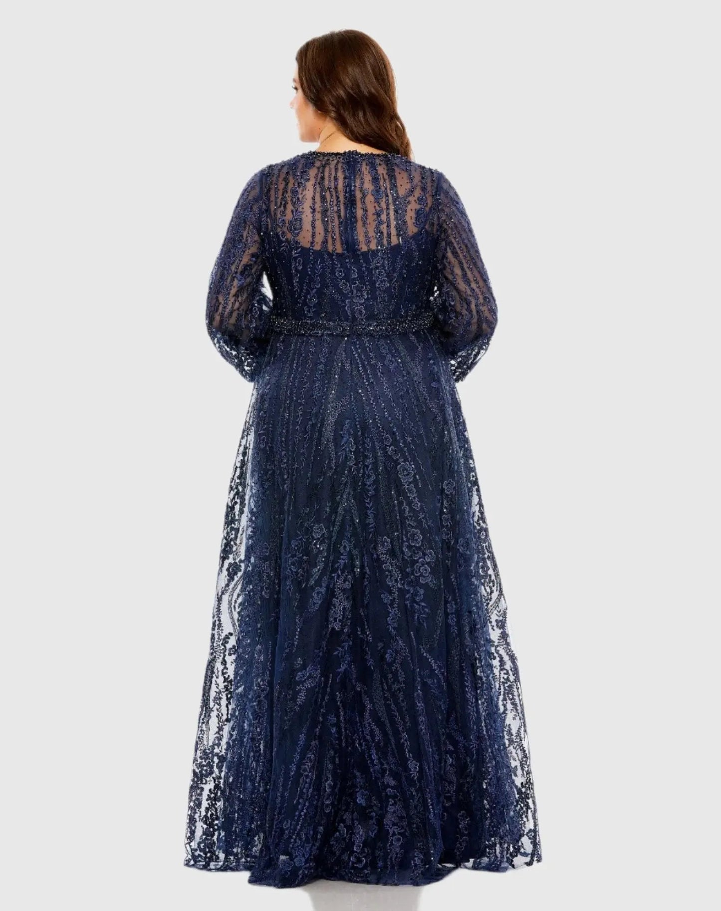 Navy V Neck Puff Sleeve Embroidered A Line Gown (Plus)