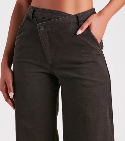 On A Curve Asymmetrical Waist Wide-Leg Pants