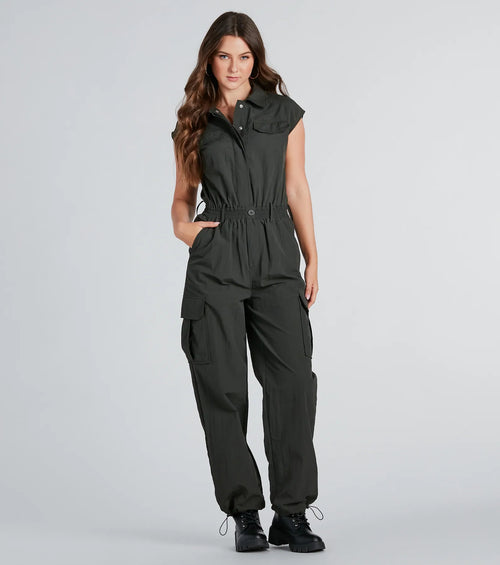 Street Style Sleeveless Cargo Jumpsuit
