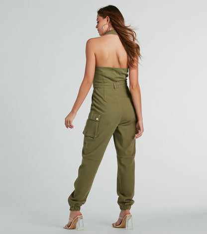 On The Hit List Halter Cargo Jogger Denim Jumpsuit