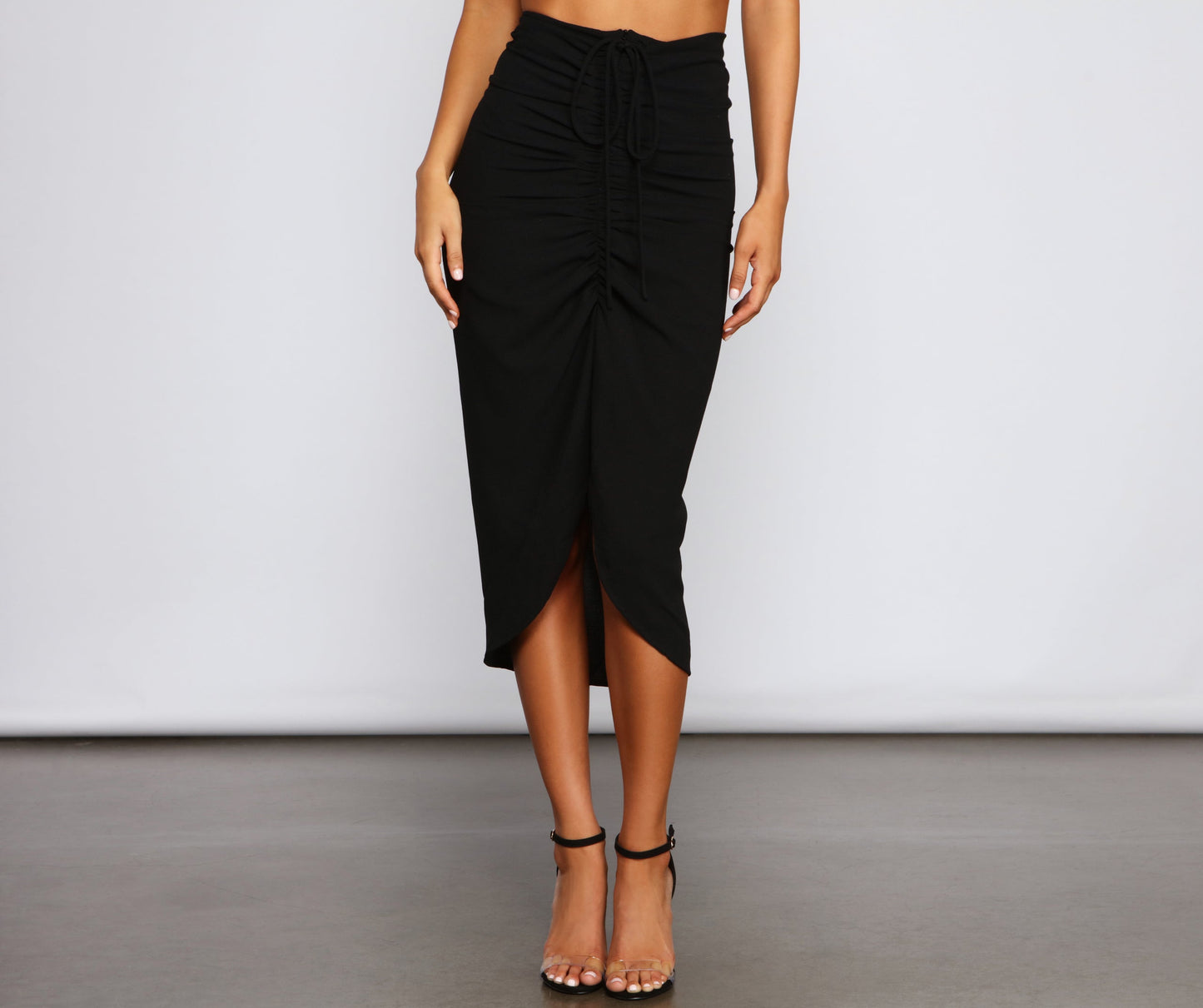 High-Rise Drama Ruched Midi Skirt
