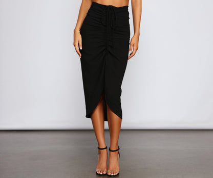 High-Rise Drama Ruched Midi Skirt