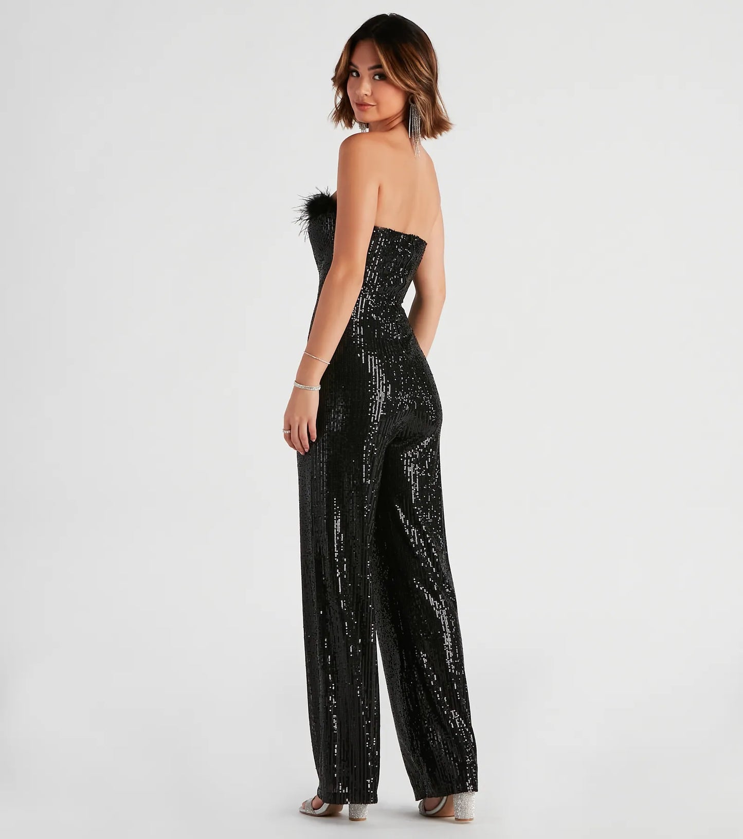 Always Fabulous Feather-Trim Sequin Jumpsuit