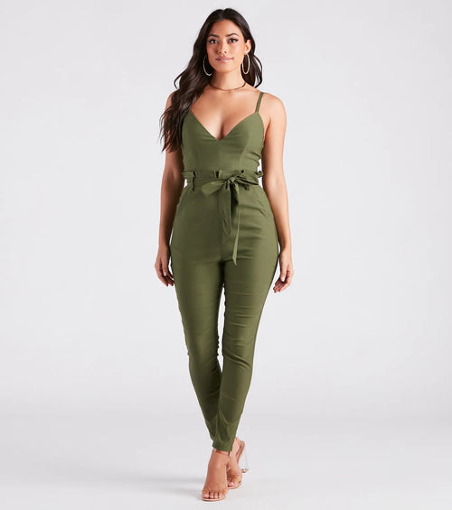 Straight To Business V-Neck Paper Bag Jumpsuit