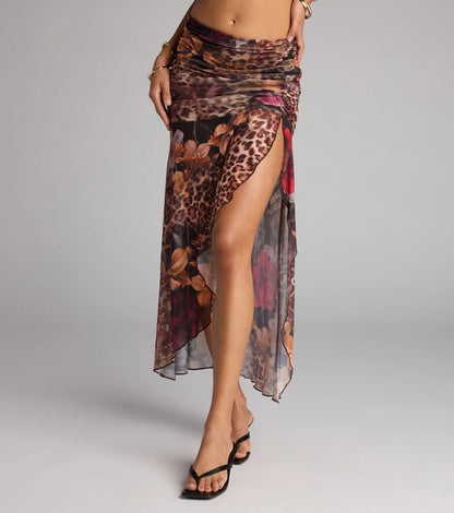Wild Card Leopard Floral Print Maxi Skirt