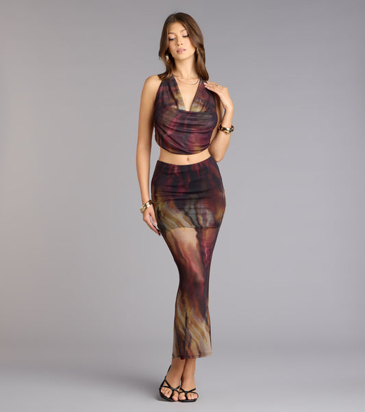 Night Out Muse Abstract Print Mesh Maxi Skirt