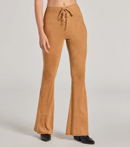 Bohemian Babe Lace-Up Faux Suede Flare Pants