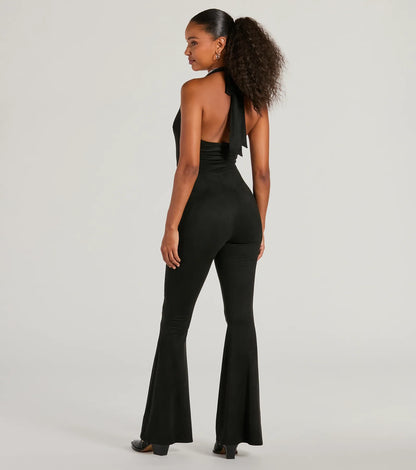 Eyes On Me Lace-Up Flare Faux Suede Jumpsuit