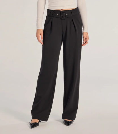 Sleek Impression Belted Straight-Leg Trouser Pants