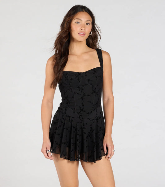 Flirty Instinct Flocked Floral Velvet Ruffle Romper