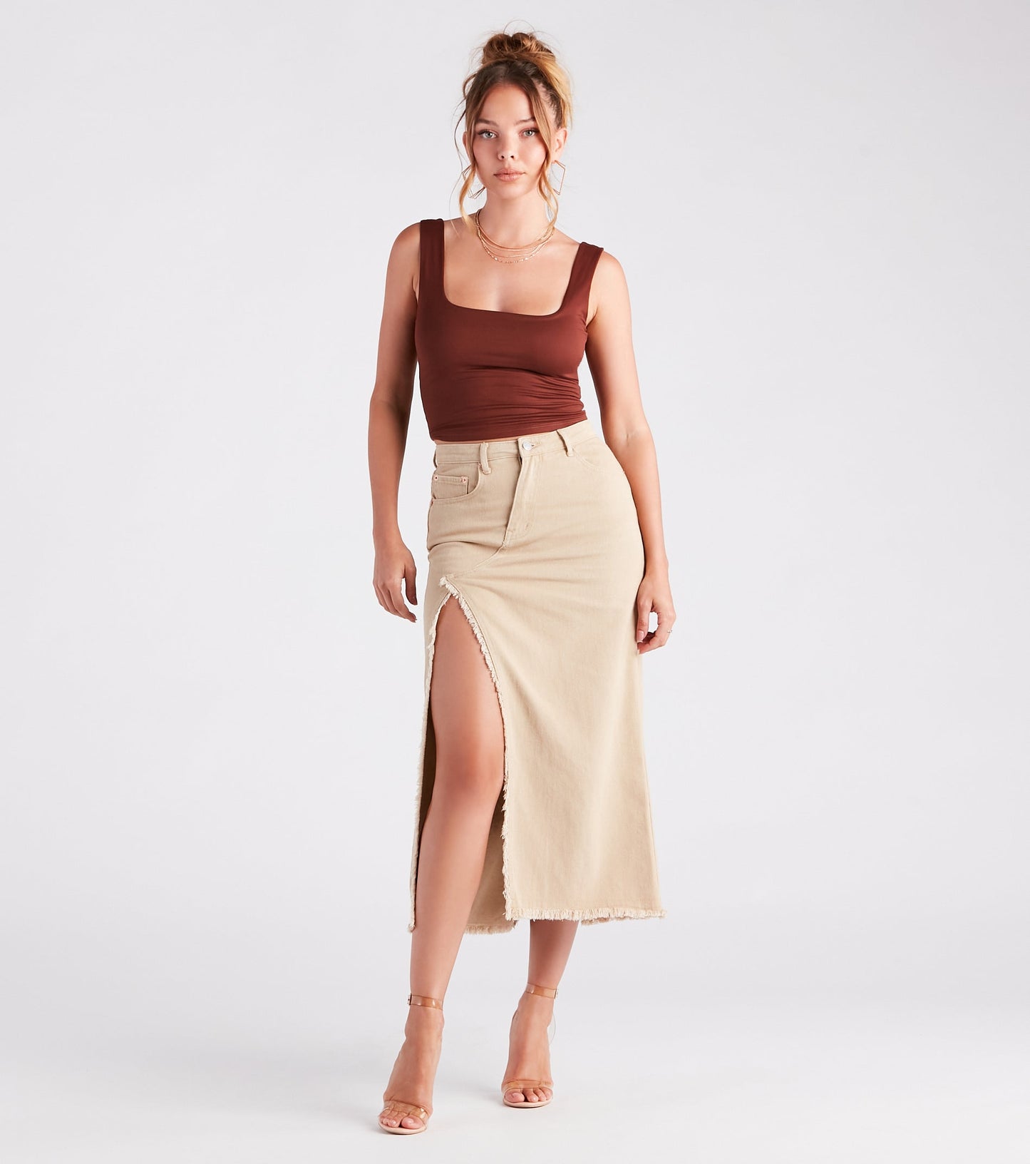 Babe In Denim High Slit Midi Skirt
