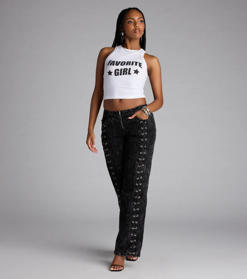 Dial Up Drama Mid-Rise Lace Up Denim Jeans
