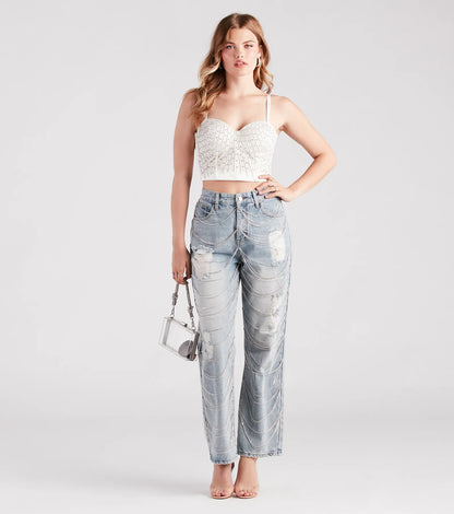 Glitzy Icon Rhinestone Draped Straight-Leg Jeans