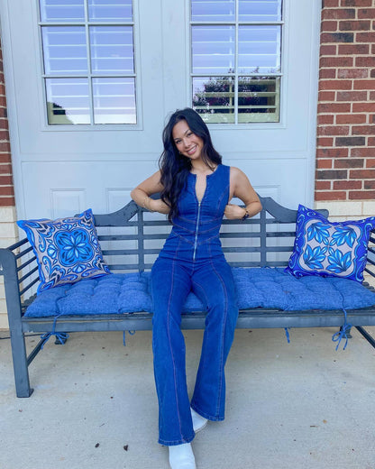 Heart Open Zip Up Flare Denim Jumpsuit