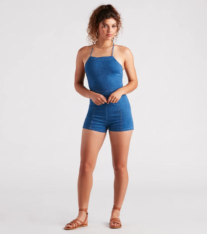 Playful In Denim Lace-Up Romper