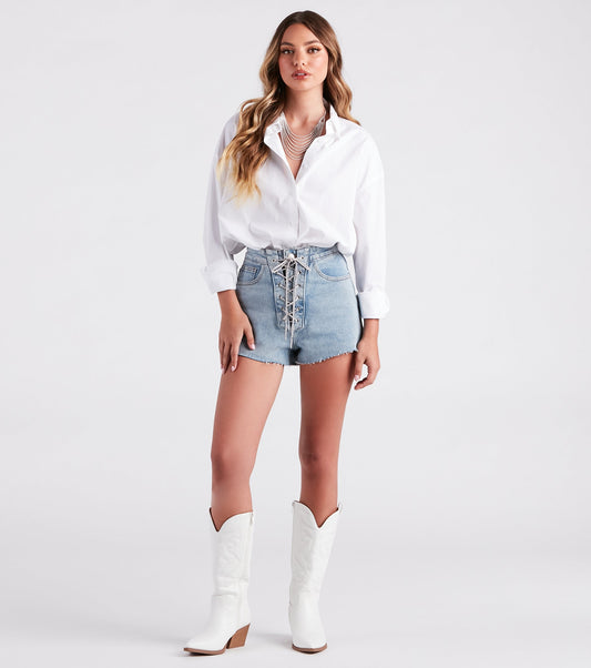 Nothing Short Of Glam Rhinestone Lace-Up Denim Shorts