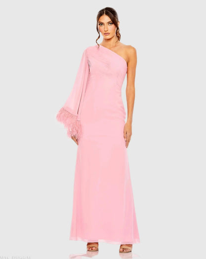 Feather Cuff One Shoulder Ruched Gown