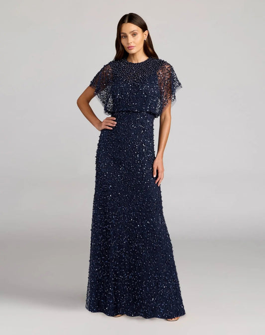 Navy High Neck Short Sleeve Embellished Gown