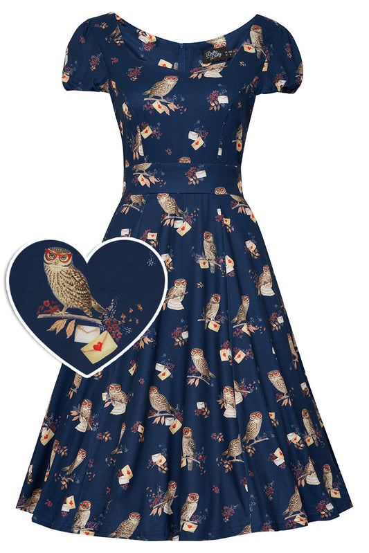 Claudia Short Sleeved Dress In Navy Owl Print