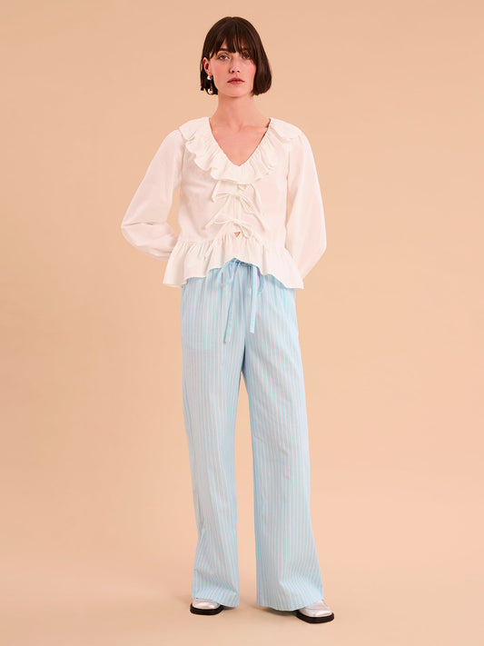 Ramela Elasticated Waist Trouser in Cream and Blue Stripe