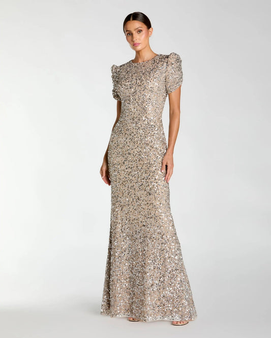 Beige Gathered Short Sleeve Embellished Gown