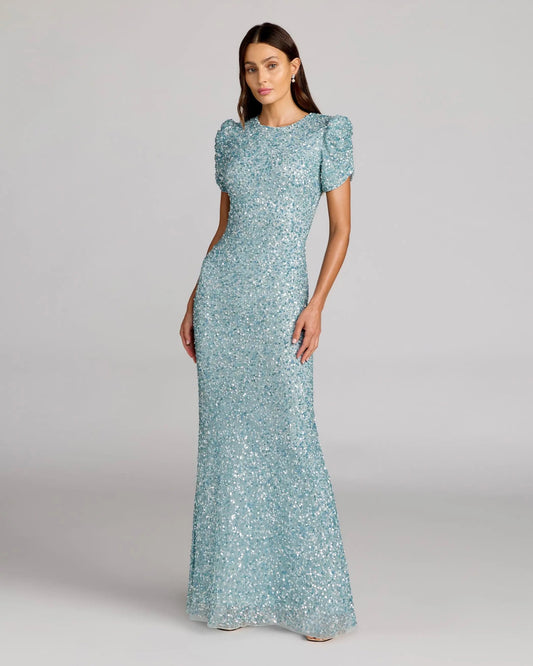 Blue Gathered Short Sleeve Embellished Gown