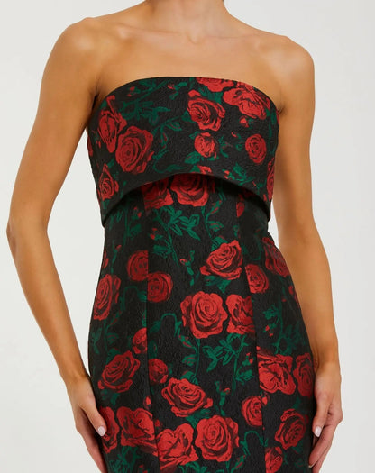 Black Strapless Floral Brocade Mermaid Gown