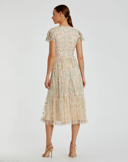 Beige Multicolor Embroidered V Neck Cap Sleeve Midi Dress - FINAL SALE