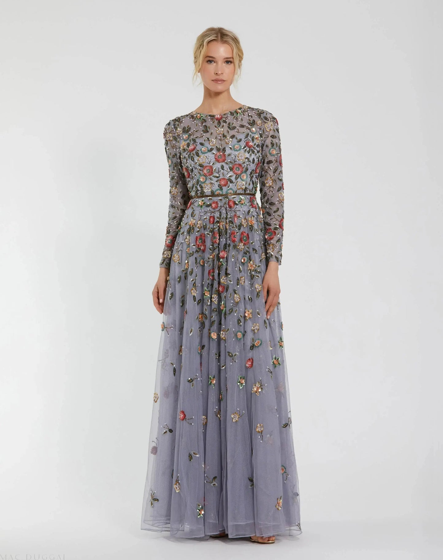 Gray Embellished High Neck Long Sleeve A Line Gown