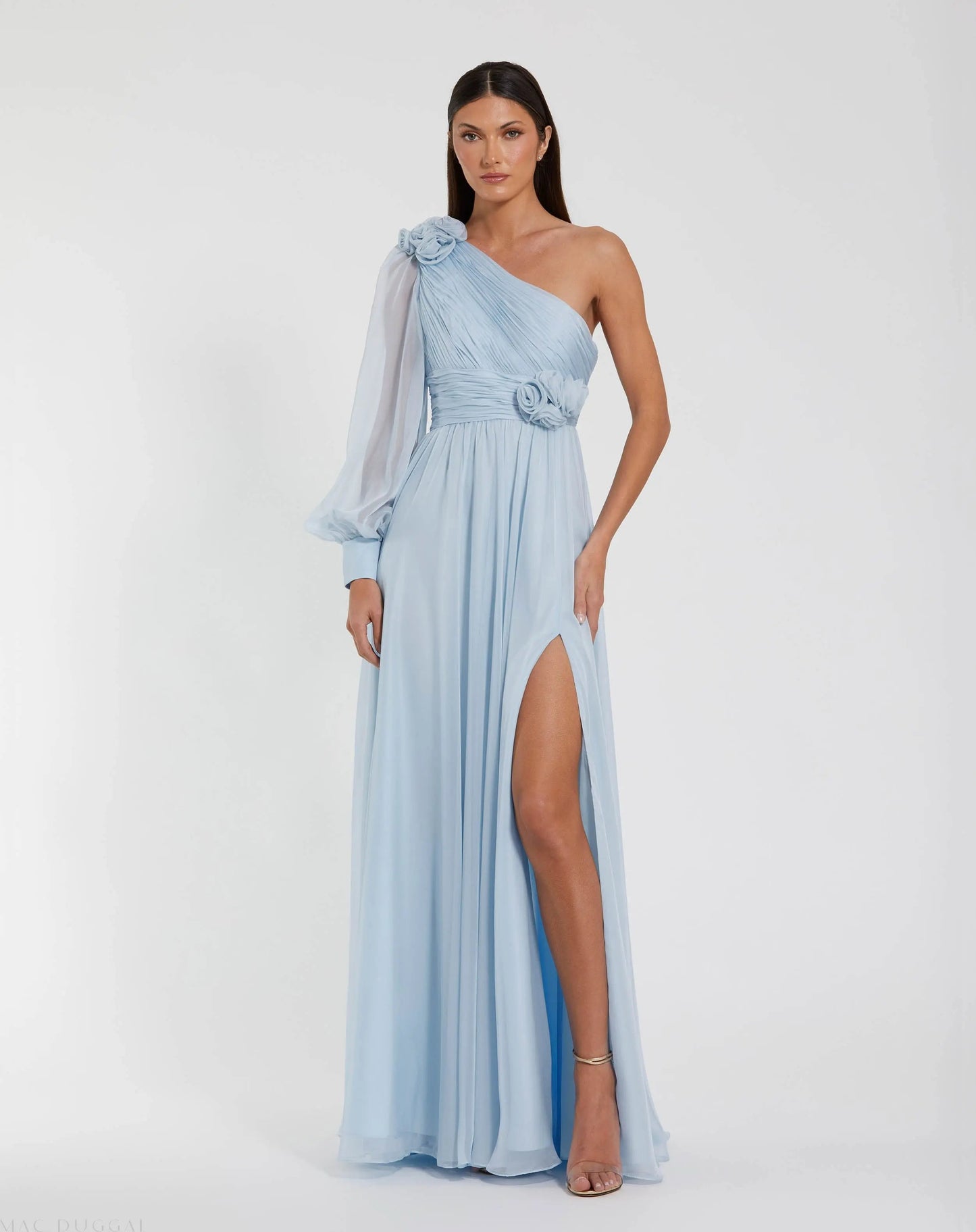 Blue One Sleeve A-Line Chiffon Gown With 3D Flowers