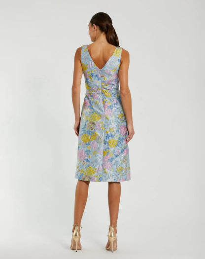 Blue Floral Brocade Sleeveless Midi Dress With Bow