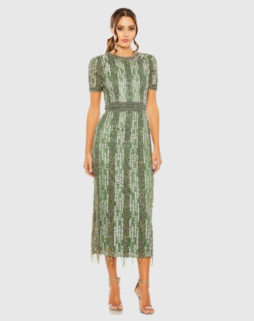 Green High Neck Short Sleeve Crystal Fringe Sheath Dress
