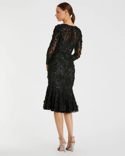 Black Floral Appliqué Long Sleeve Cocktail Dress