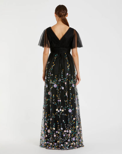 Black Embroidered Butterfly Sleeve Empire Waist Dress