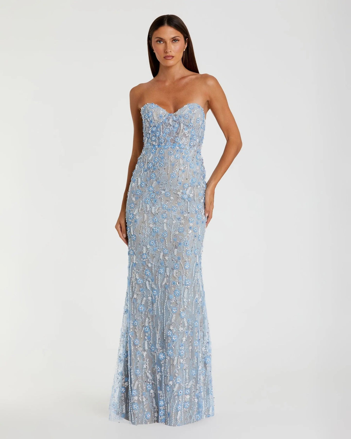Embellished Lace Strapless Bustier Gown