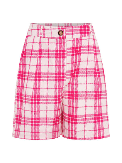 Carlina Pleat Front Check Print Shorts in Pink