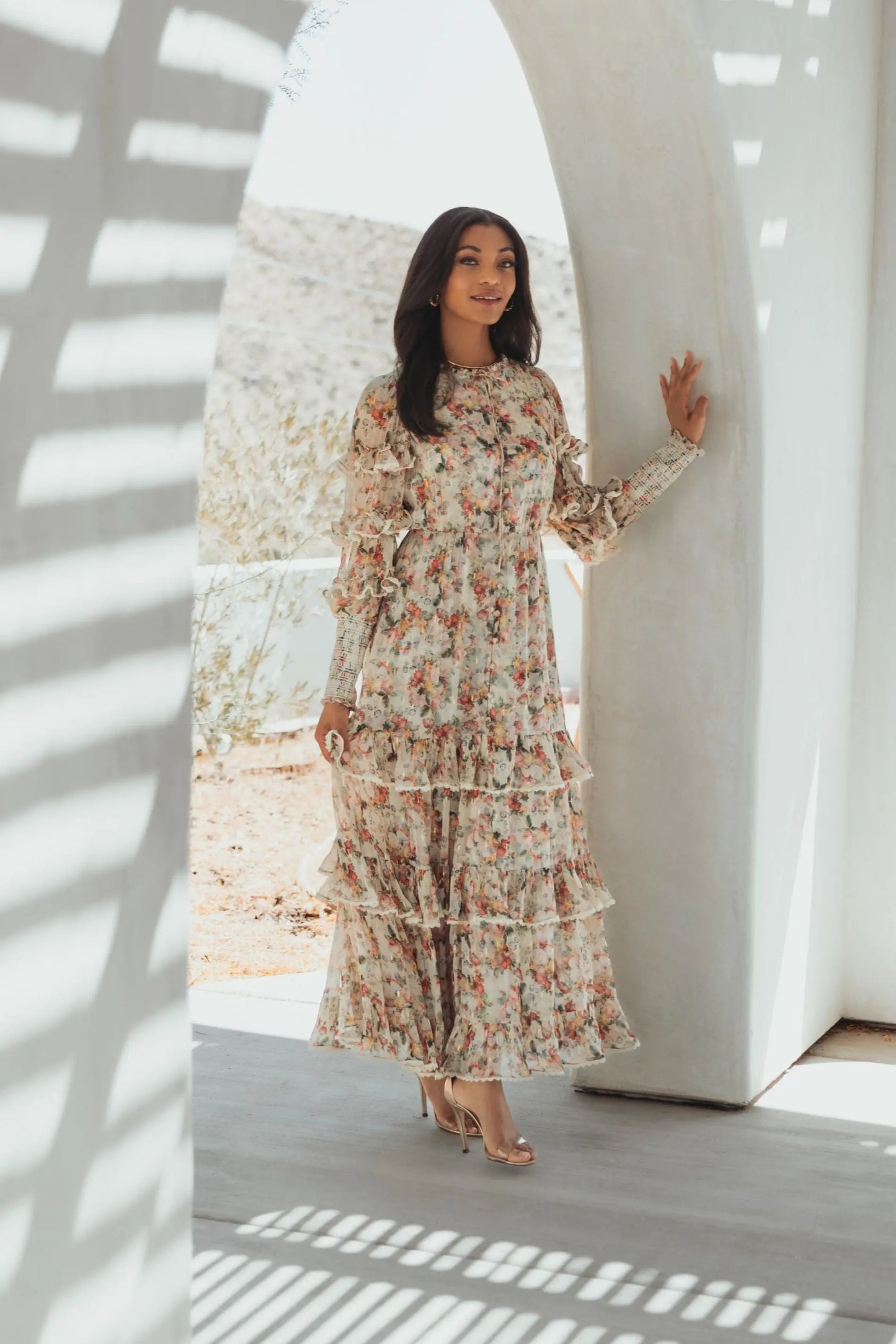 Beige Floral Tiered Ruffle Midi Dress with Long Sleeves