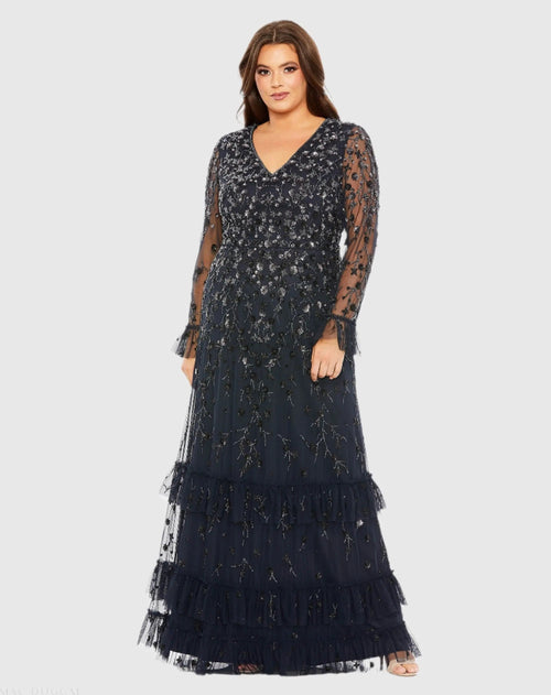Navy V-Neck Embellished Long Flutter Sleeve Gown