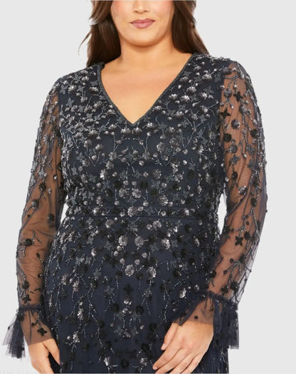 Navy V-Neck Embellished Long Flutter Sleeve Gown