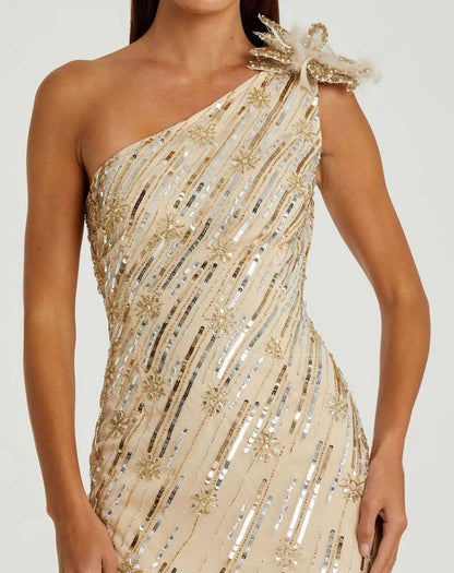Gold Embellished Floral Detail One Shoulder Gown