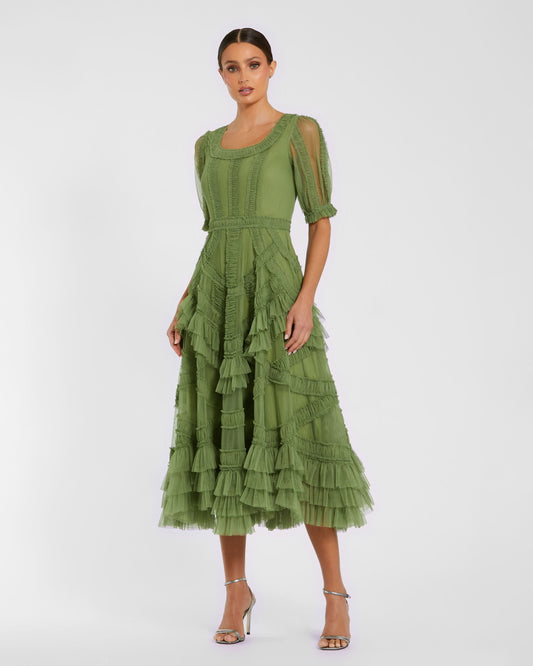 Petite Green Short Sleeve Micro Ruffle Midi Dress
