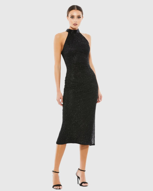 Black High Neck Halter Sleeveless Midi Dress