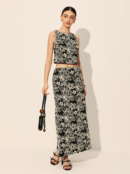Embroidered Floral Split Skirt