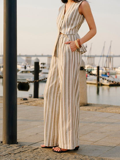Linen & Cotton Mid-Waist Striped Wide-Leg Pants