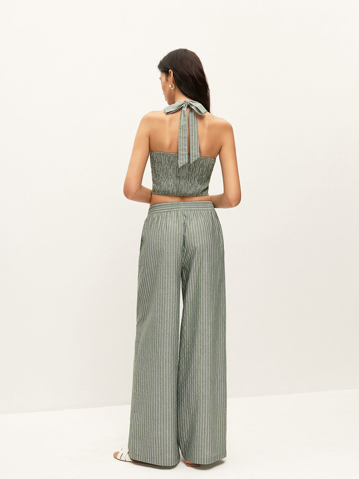 Striped Button-Detail Halter Top With Pants Set
