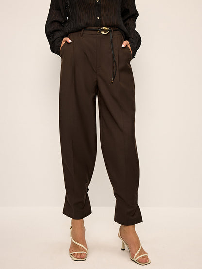 Pleated Wide-Leg Pants with Ankle Button Detail
