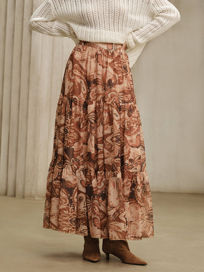 Semi-Sheer Boho Print Chiffon Maxi Skirt