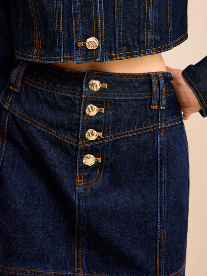 Metal Button Denim Mini Skirt