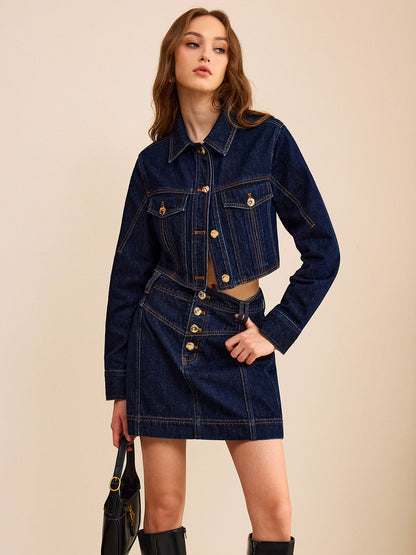 Metal Button Denim Mini Skirt